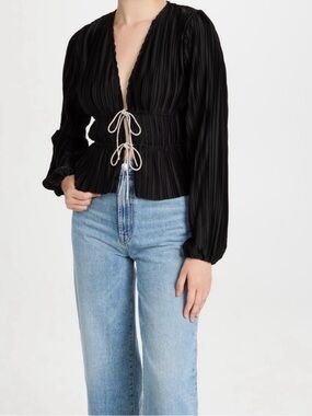 Wayf Black Pleated Tie-Front Blouse